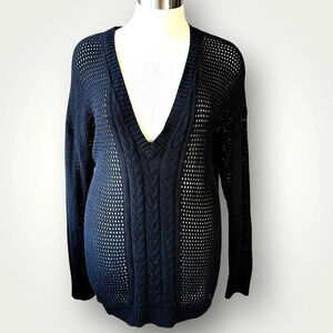 Lane Bryant Long Sleeves V Neck Cable Open Knit Tunic Sweater Size 18/20 Black